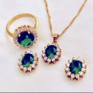 Vintage Faux Emerald Gold Necklace Earrings Ring Set with Clear Rhinestone Halo